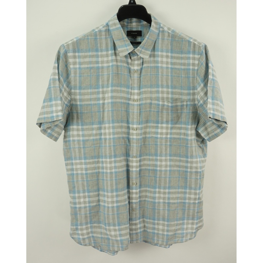 Vince. Men's XL Short Sleeve Gray Blue Plaid Linen Blend Summer Button Up Shirt